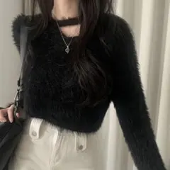 amood 長袖 クロップドニット 黒