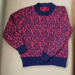 ハンドメイド　機械編み　ローズパターン　長袖ニットセーター　毛