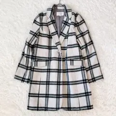 グラシア チェック柄 ウールコート テーラード ミドル丈 白黒（L） 冬 定番
