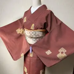 アンティーク着物　浅緋色と黒の細かいストライプ小紋着物　レトロ着物