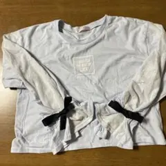 長袖カットソー 水色 ドットチュール袖 リボン付き 160