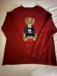 クマ刺繍 赤 ニットセーター 長袖