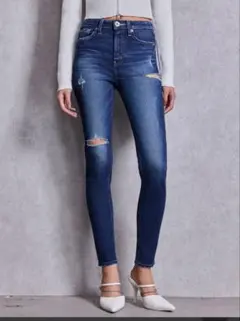 ミドルウエスト SIDE RIPPEDスキニーデニムパンツ