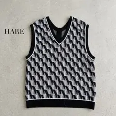 HARE ハレ ガラライン ニットベスト Vネック 丸首 2way ブラックのサムネイル