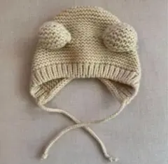 くま ニット ベビー帽子 ボンネット 耳付き アイボリー