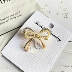 リボン ブローチ パール ゴールド 上品 キラキラ ラインストーン