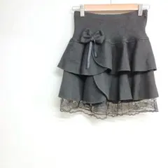 フリル付き　ブラック　ミニスカート　リボン レース　ウエストゴム　伸縮性　フリー