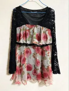 CECIL McBEE 花柄 シフォン チュニック M レース フリル 長袖のサムネイル