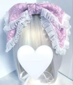 2段　BIG ヘッドリボン　ピンク×白 あご紐　ヘッドドレス