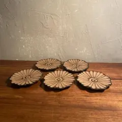 木彫 茶托 時代物 骨董品 花形 5枚セット 茶器 コースター インテリア