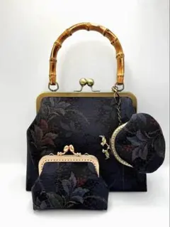 【ハンドメイド】 大島紬 着物リメイク　ハンド バッグ3点セット#697