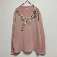 花柄 刺繍 Vネック ニット セーター ピンク 総柄 派手 かわいい M