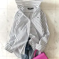 美品//ローレンラルフローレン　コットンストライプシャツ　長袖　白×黒　刺繍