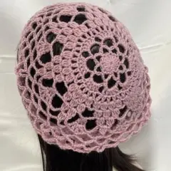 ピンク　レース編み　ベレー帽　ポリエステル　ハンドメイド