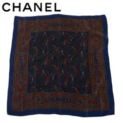 CHANEL シャネル ペイズリー ロゴ 大判シルクスカーフ ネイビーのサムネイル