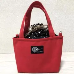 新品 ハンドメイド 2way 小型巾着 赤いキャンバストートバッグドット柄弁当袋