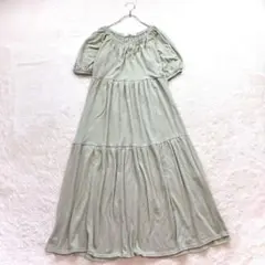 【novem】F カーキ ワンピース 半袖 ロング丈 カジュアル フレア