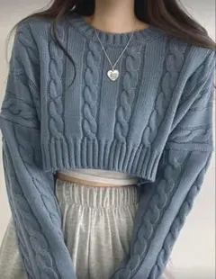 ダスティブルー 長袖 ニット ショート丈 秋冬 水色