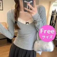 【残りわずか】 ガーリー　ワンポイント　リボン　カットソー レース　Uネック