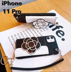 新品　iPhone 11Pro ケース 花柄 韓国 カメリアケース小花柄ブラック