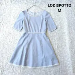 【ロディスポット】お花レース　ワンピース 5分袖　サックスブルー 膝丈　清楚　М