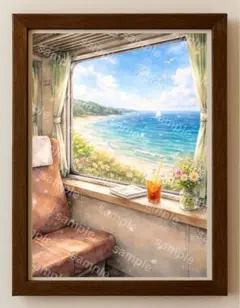 【水彩画アート】海景列車の窓から　2L版写真用紙