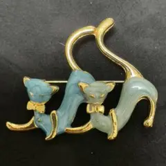 青エナメルブローチ　二匹の猫　レトロ　ヴィンテージ　【7】