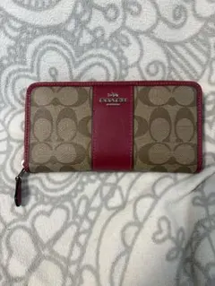 COACH コーチ シグネチャー 長財布 ブラウン/レッド ラウンドファスナー