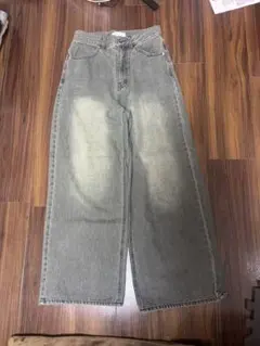 ワイドデニムパンツ グレー ハイウエスト ストレートワイドパンツ グレーデニム