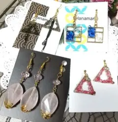 ハンドメイド ピアス ４点 ＋ チャーム ローズクオーツガラス 三角 四角