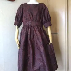 着物リメイク大島紬 赤茶色 パフスリーブ ギャザーワンピース