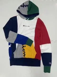 【美品】Champion パッチワーク フード　付き　パーカー S カラフル