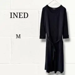 INED イネド ニットワンピース 9号 M 黒 七分袖 ウエストリボン ウールのサムネイル