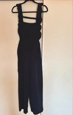 ブラックフリル オールインワン サロペット ウエストゴム 夏 一枚でも重ね着可