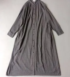 ニコアンド チェック柄 バンドカラー マキシ丈 ワンピース レーヨン コットン