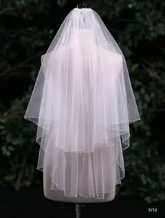 ホワイト 二段 ウェディング ベール ヴェール ビーズ装飾付き