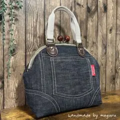 ＊がま口バッグ＊大きなポケットが可愛いオールデニムのがま口バッグ　ショルダー付