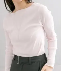 リブ素材 ボートネック長袖Tシャツ ピンク