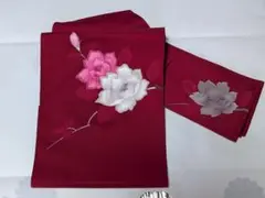 名古屋帯 深紅 花刺繍 つづれ織りモダン