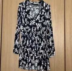 ZARA ネイビー 花柄 襟付き長袖ワンピース
