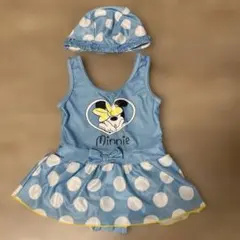 Disney Minnie ベビー水着 スイムキャップ付き 水色 ドット　90