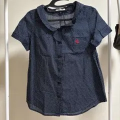 NICE CLAUP ドット柄 丸襟 シアー 半袖シャツ マリン刺繍 ネイビーのサムネイル