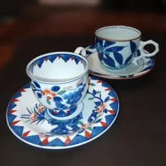 有田焼 カップ＆ソーサー 2客セット 染付 和柄 陶磁器 赤絵