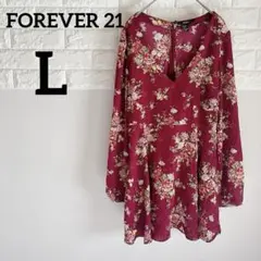 【FOREVER 21 】L 長袖チュニック　フラワープリント(ワインレッド)