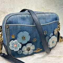 極美品✨ コーチ ウィズ ティーローズ カメラバッグ チェーンショルダー デニム
