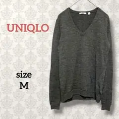 ユニクロ【M】メリノウールVネックニットセーター グレー 無地 長袖 ビジネス