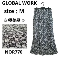 GLOBAL WORK ロングフレアスカート 花柄 総柄 黒 白 夏 着回し M
