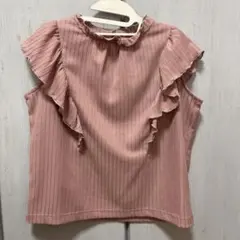 フリルネック 半袖リブカットソー ピンクのサムネイル