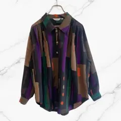 総柄デザインシャツブラウス金ボタン幾何学模様アート長袖レトロヴィンテージ古着