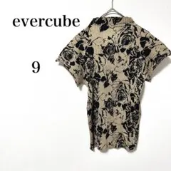evercube バラ総柄　プリーツトップス　半袖　ハイネックシャツ　M相当